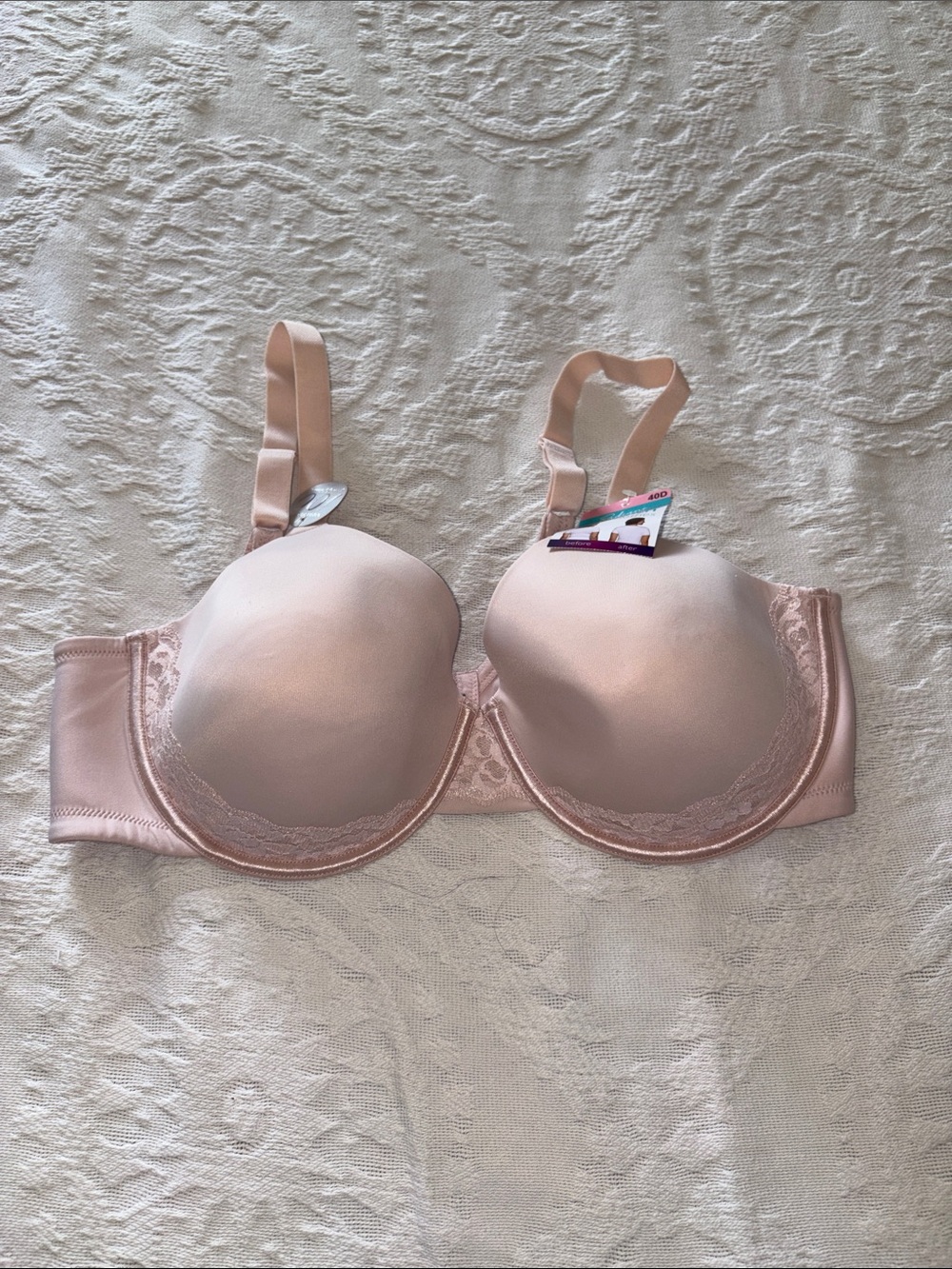 Vanity Fair Satin Lace Trim T-Shirt Bra - Blush Pink BNWT 40D